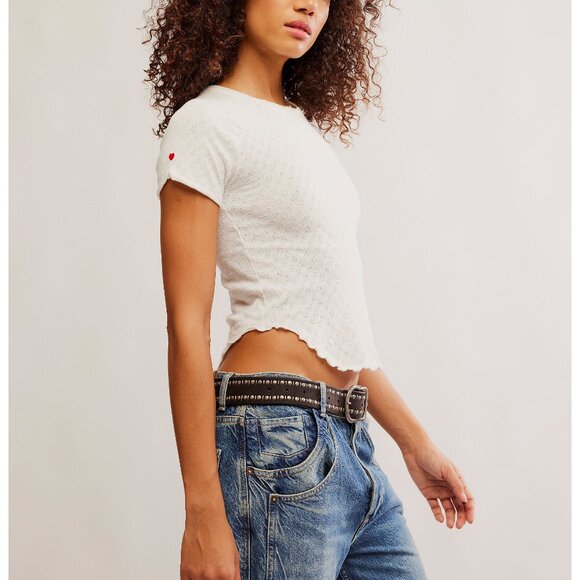 FREE PEOPLE We The Free Be My Baby Pointelle Short Sleeve Tee / Ivory - Picture 6 of 10